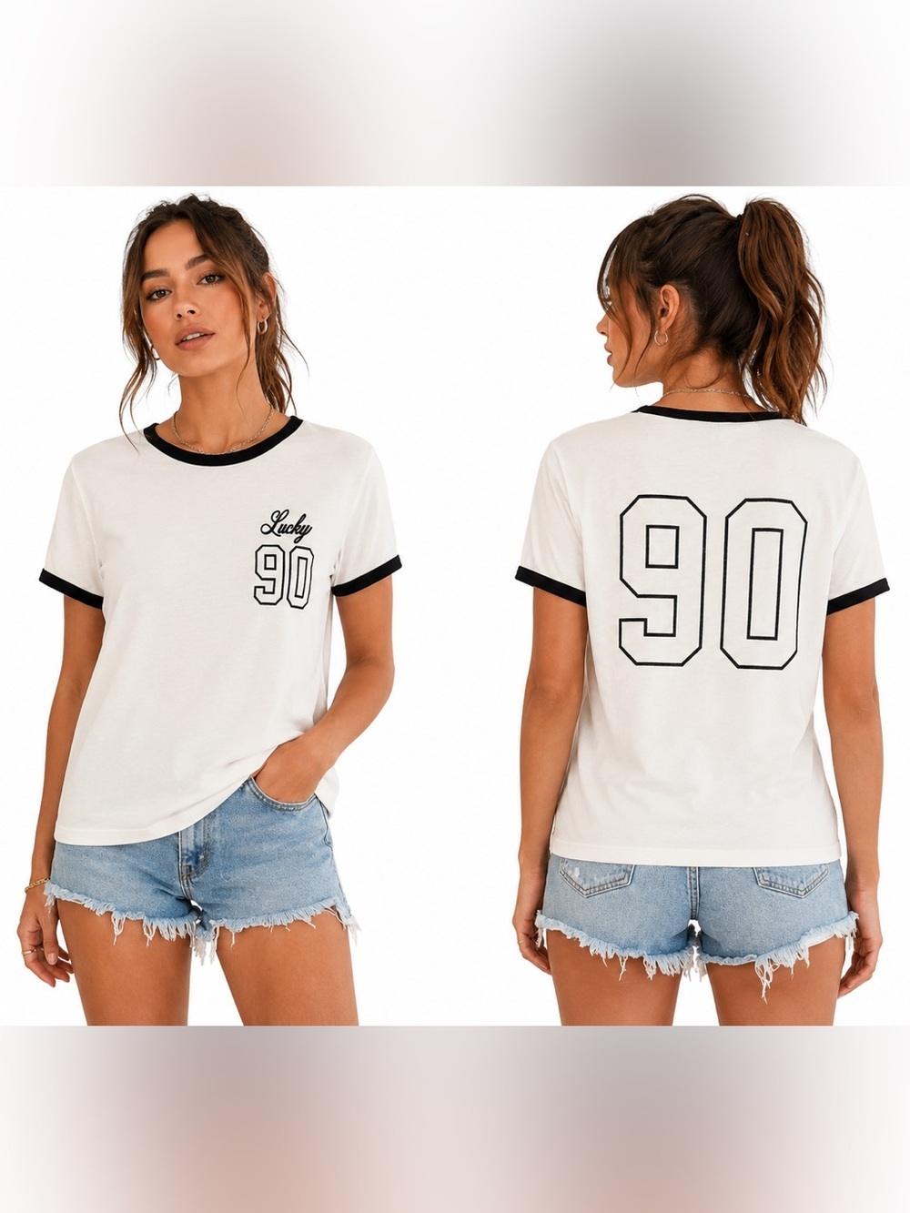 NWT Lucky Brand White Lucky 90 Ringer Short Sleeve T-shirt Black Trim Sz L